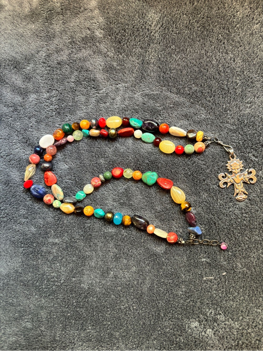 James Avery Multicolor Gemstone Beaded Necklace with Cross Pendant-Retired